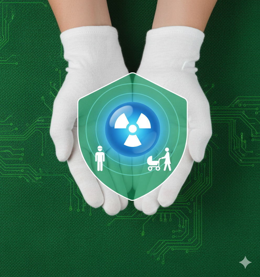 Manos con guantes blancos sosteniendo un escudo verde con un símbolo de radiación azul brillante en el centro. Debajo del símbolo de radiación, hay iconos de una persona con casco y una mujer empujando un cochecito. El fondo es un circuito verde.